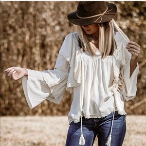 1 LEFT! Eyelet Boho Chic Top In Cream-Small